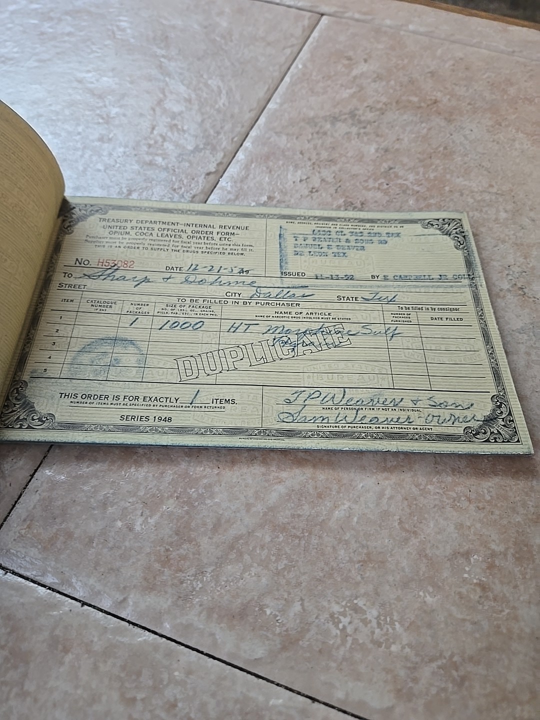 US INTERNAL REVENUE 1948 OPIUM ETC FORMS BOOKLET COMPLETE +1 EXC. COND. TEXAS