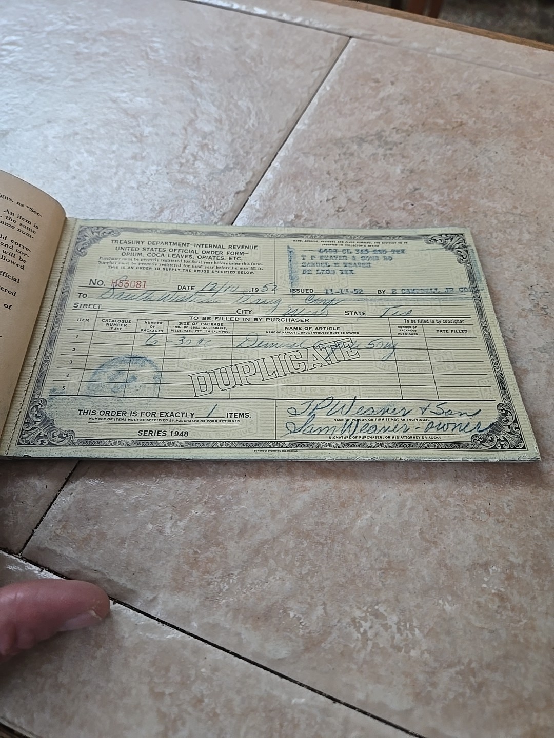 US INTERNAL REVENUE 1948 OPIUM ETC FORMS BOOKLET COMPLETE +1 EXC. COND. TEXAS
