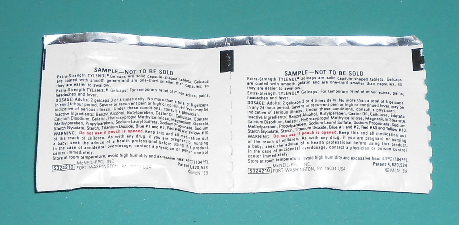 Vintage 1989 Tylenol Extra Strength Gelcaps 2 Sample Packets McNeil History Prop