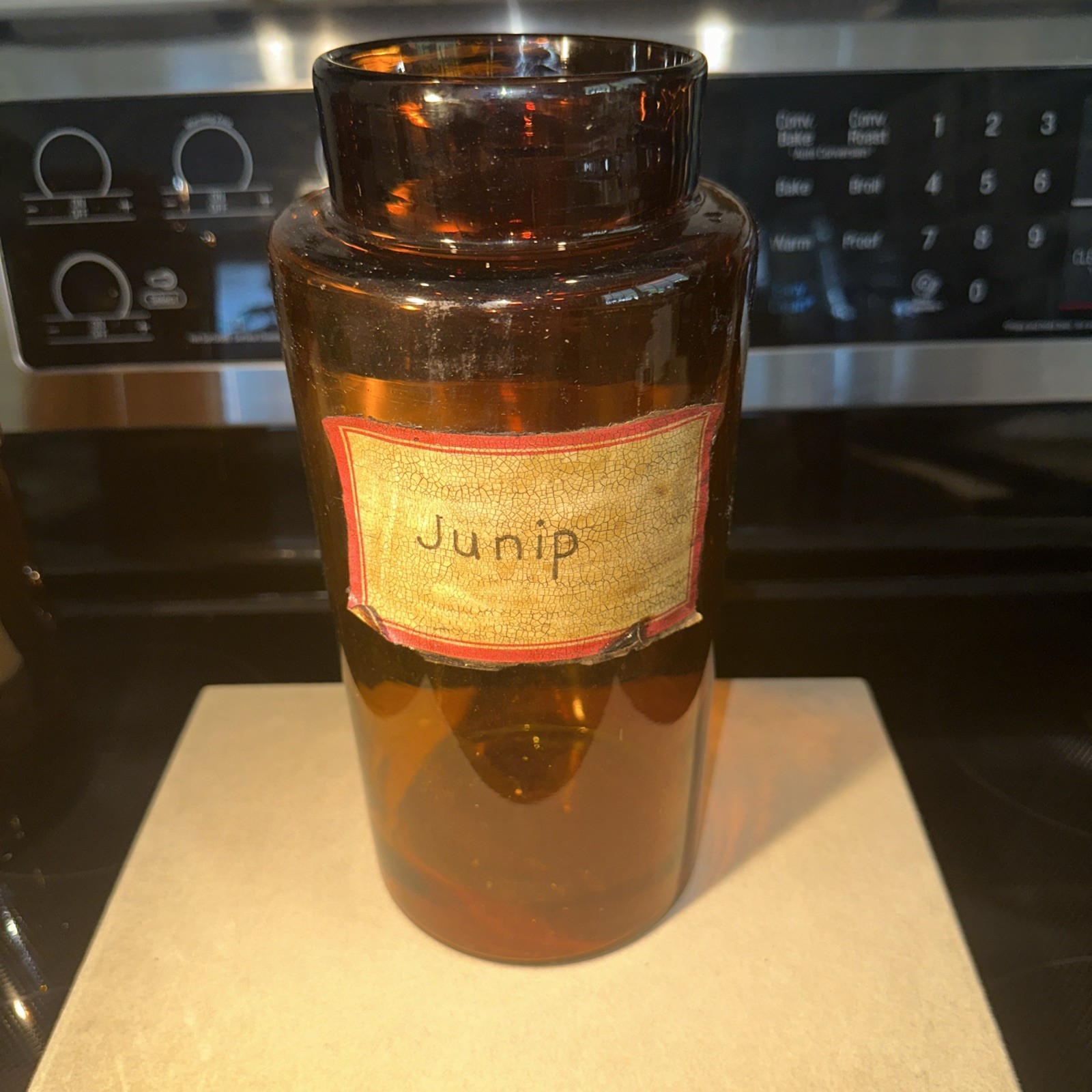 Antique Amber Junip Apothecary Large Glass Jar, 1920s ~ 10 Inches Tall ~ Good ~