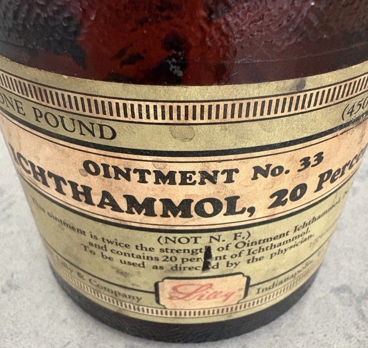 Vintage Eli Lilly Ichthammol Jar 20 Percent for Collection/Display – One Pound