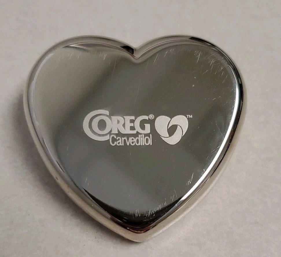 COREG CARVEDILOL PHARMACEUTICAL DRUG REP SILVER HEART PAPERWEIGHT HEAVY