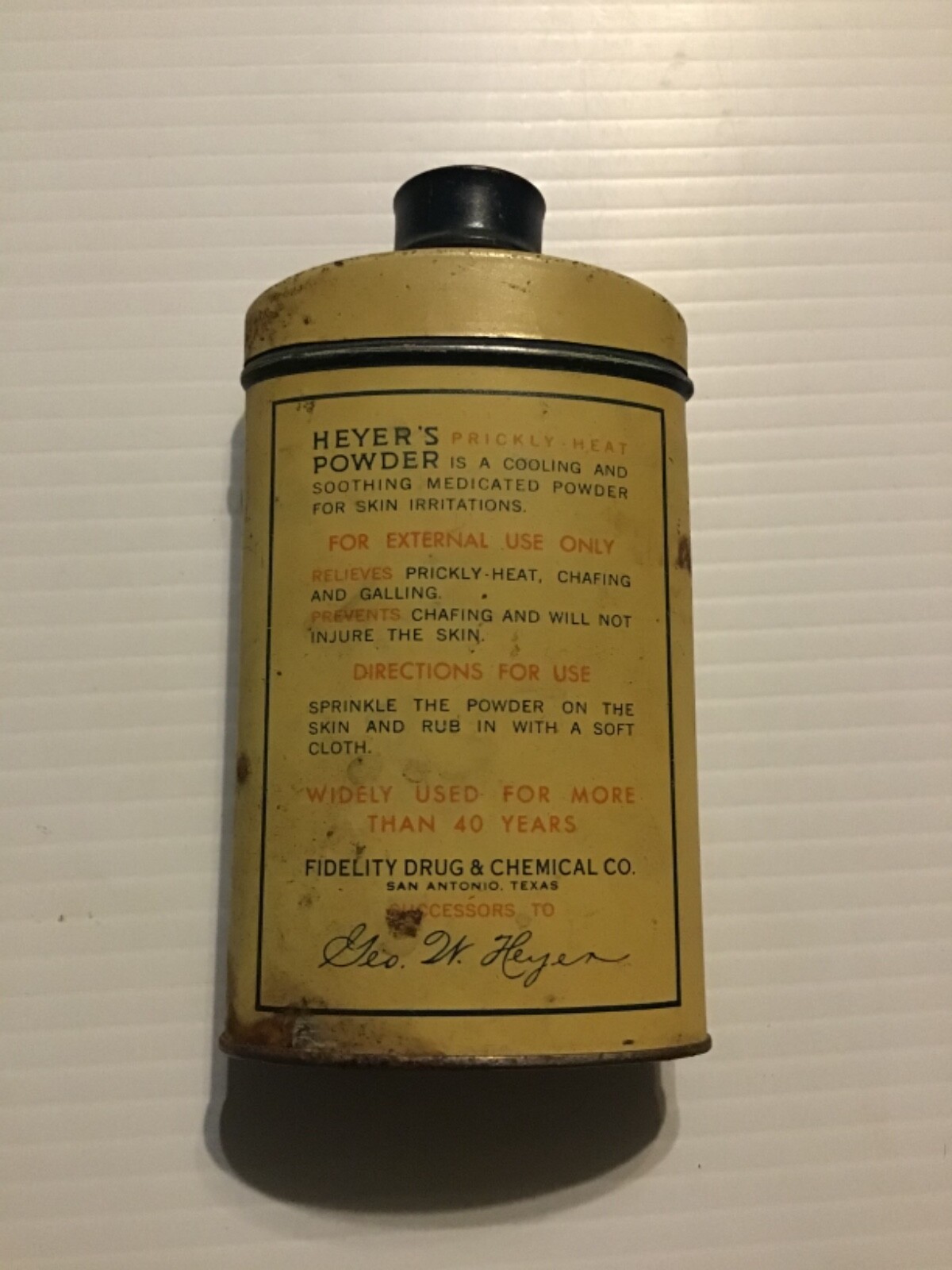 Vintage Heyer’s Prickly-Heat Powder Tin, 2 oz. empty, 4 1/2” tall $7 Shipping
