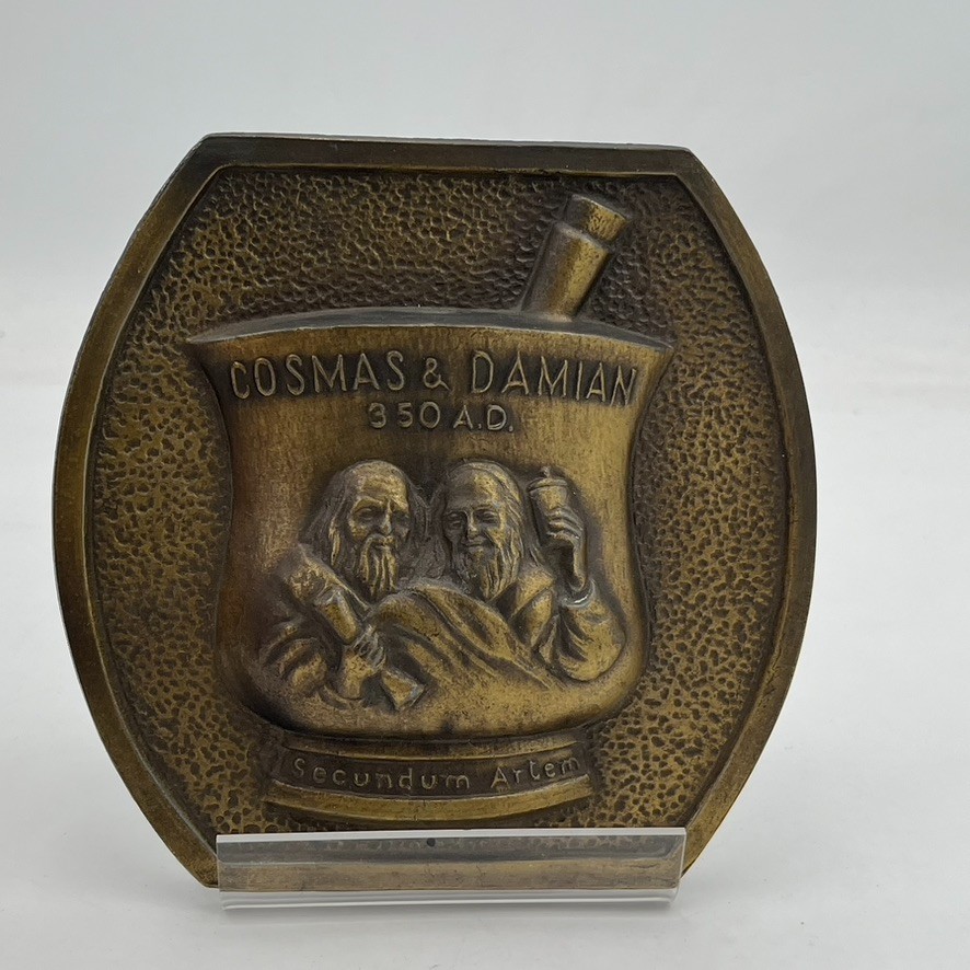 VTG COSMAS AND DAMIAN BRONZE Brass PROMO PLAQUE Advertising Pharmacy Apothecary