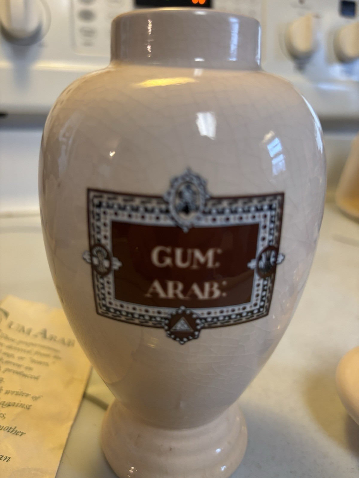 ELI LILLY CERAMIC GUM ARAB APOTHECARY JAR – 8.5” With Lid, Includes Paper
