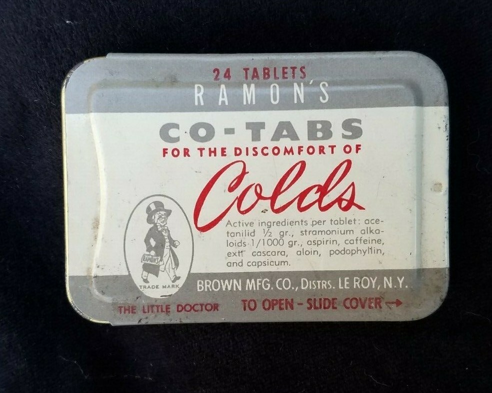 Old Medicine Tin Ramon’s Co-Tabs Cold Brown Mfg Co Le Roy NY Little Doctor NOS