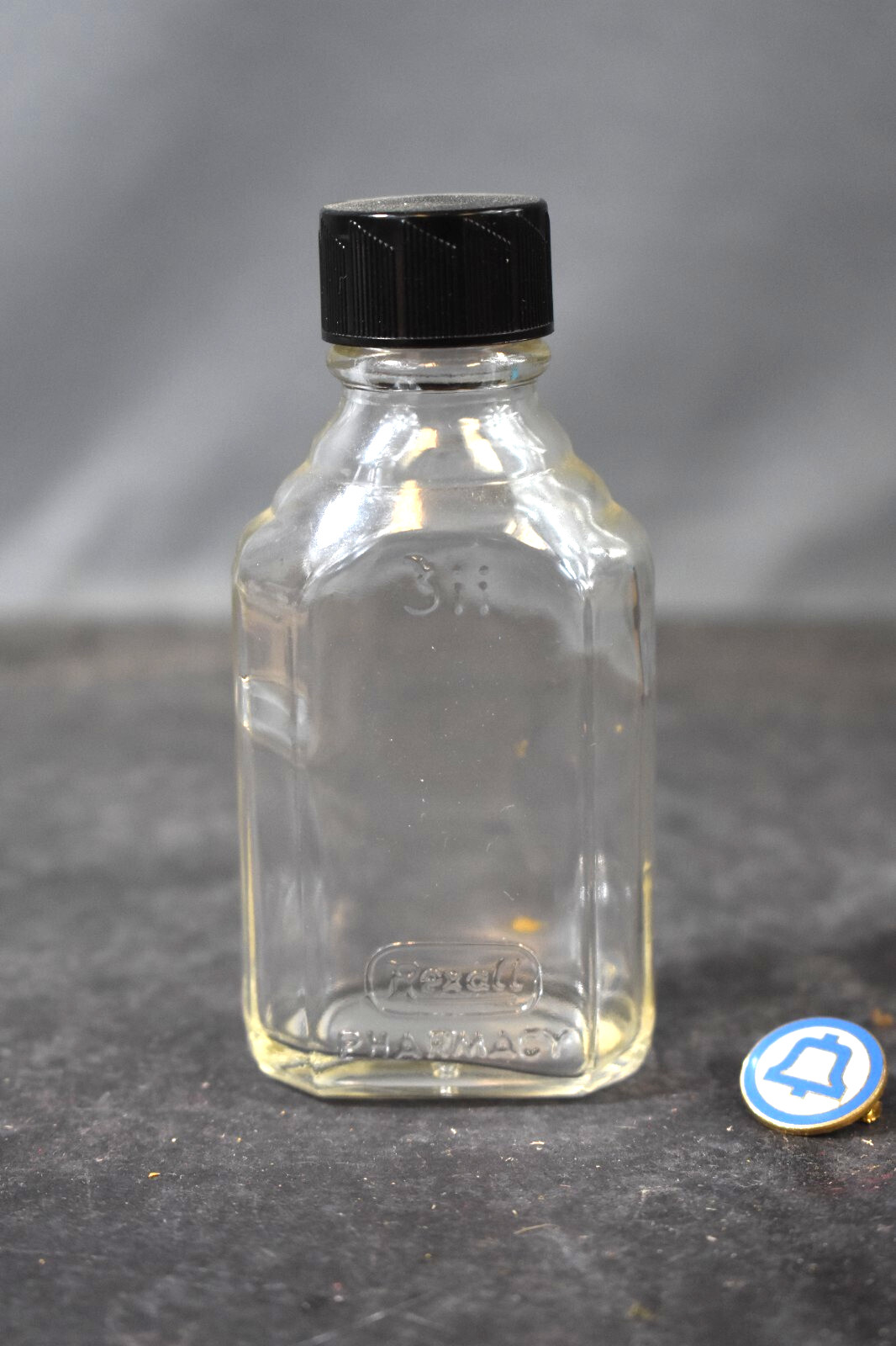 Vtg Rexall Drug Store Eucalyptus Oil Bottle, Pharmacy Measure Marks, 2 oz. 4″ T