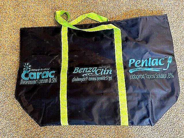 pharmaceuticals promo: HUGE dark navy tote bag from Carac, Benzacin, Penlac