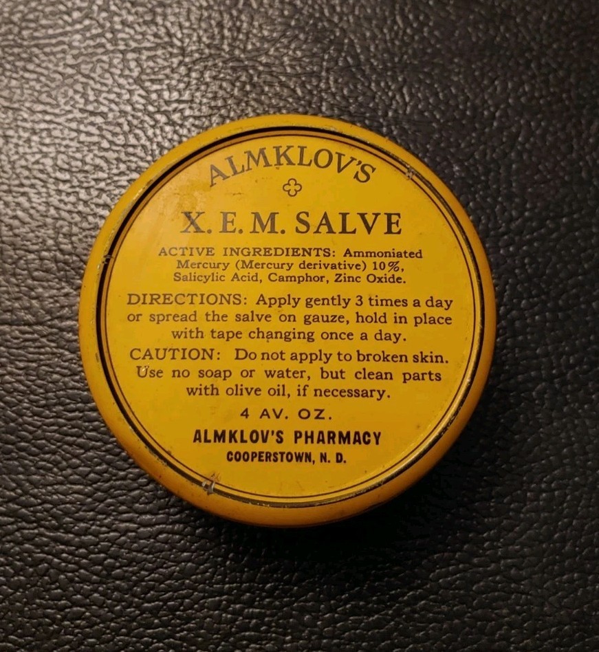 Vintage Almklov’s Pharmacy Cooperstown North Dakota 4oz Tin X. E. M. Slave