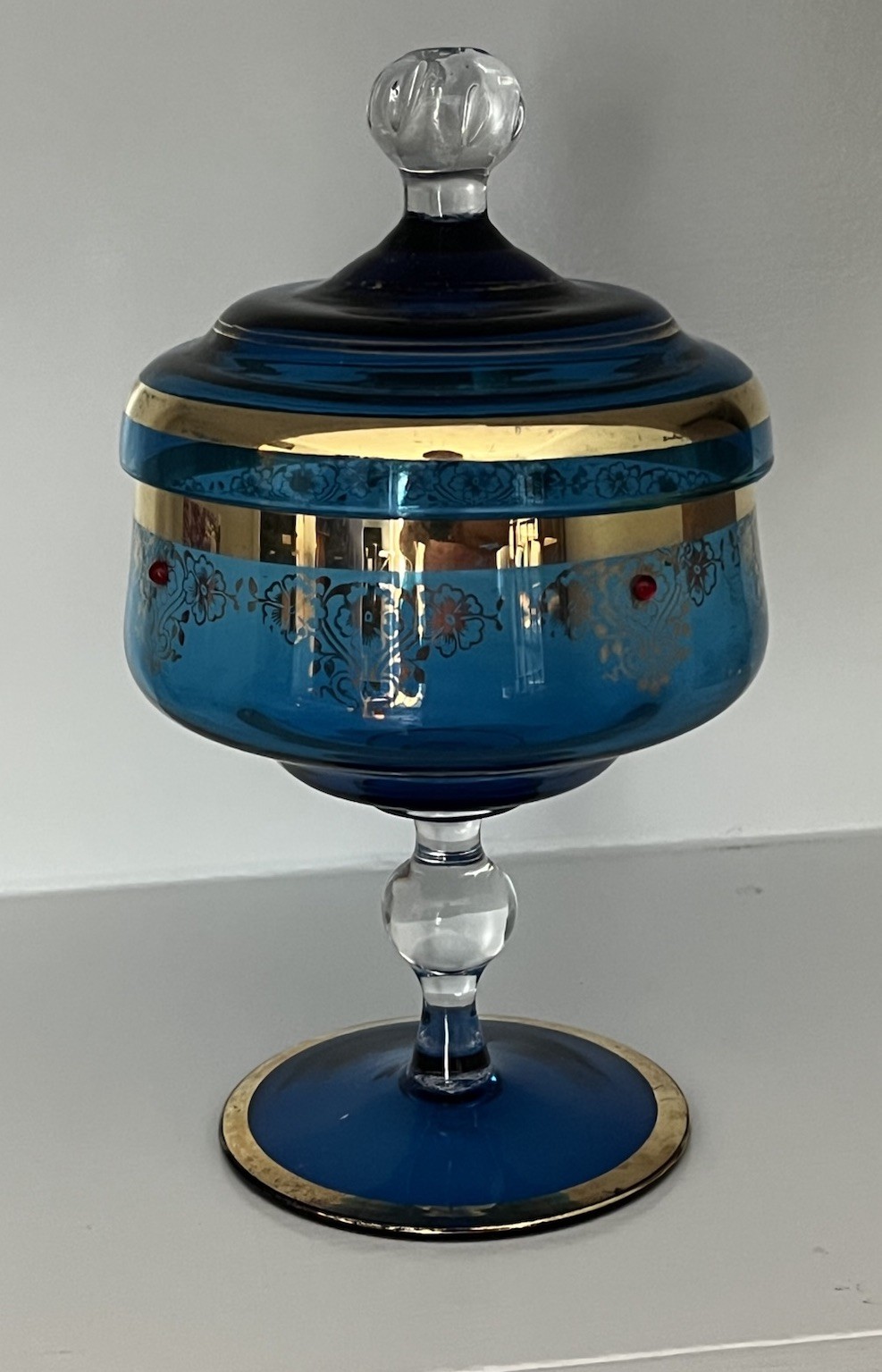 Vintage Azure Blue Handblown Glass Apothecary Jar w Lid 22K Gold