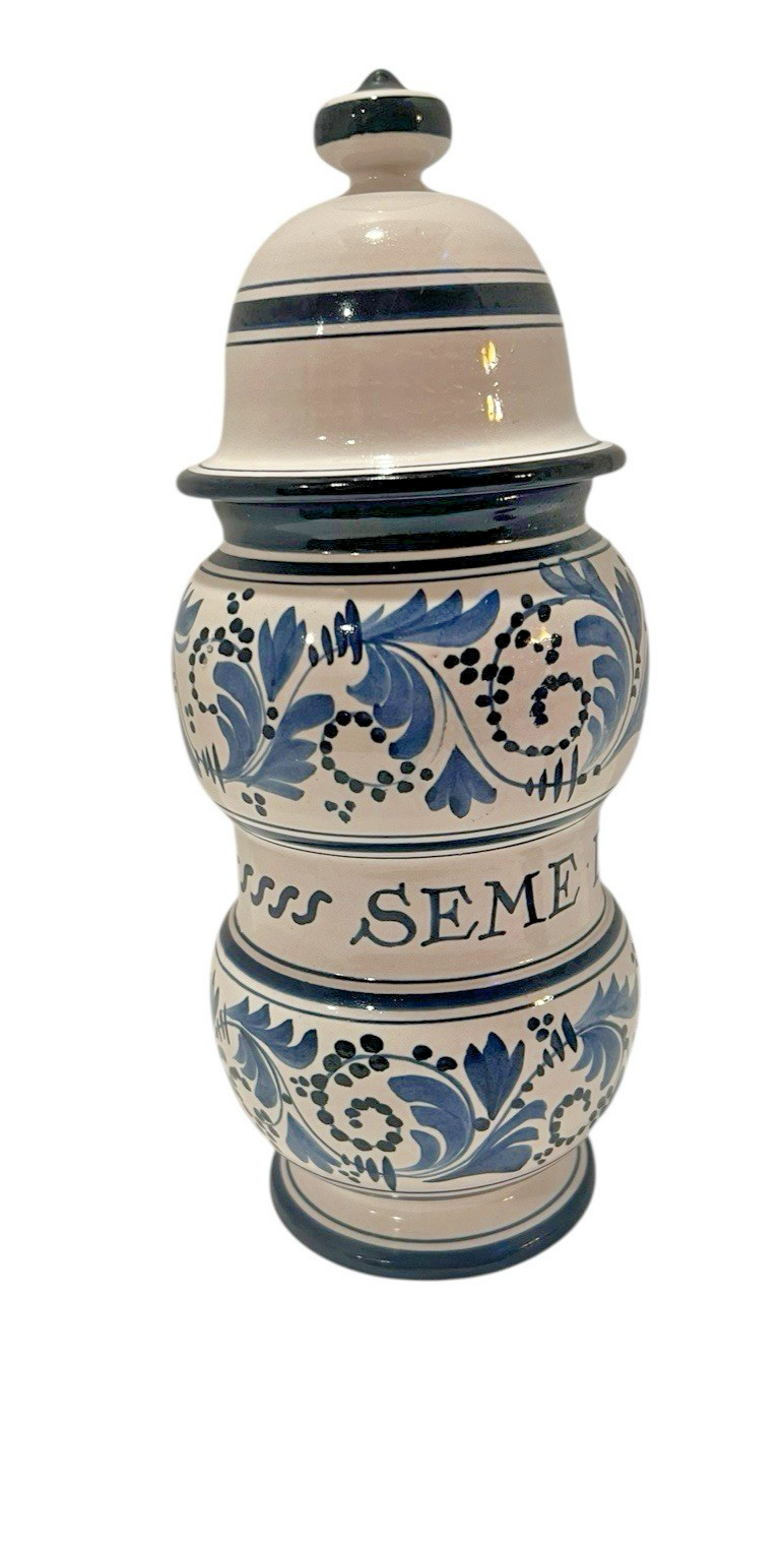Vintage Italian Ceramic Blue White Apothecary Jar Pharmacy Vase Hand Painted