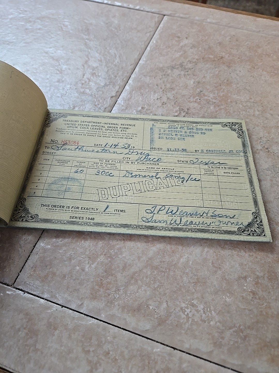 US INTERNAL REVENUE 1948 OPIUM ETC FORMS BOOKLET COMPLETE +1 EXC. COND. TEXAS