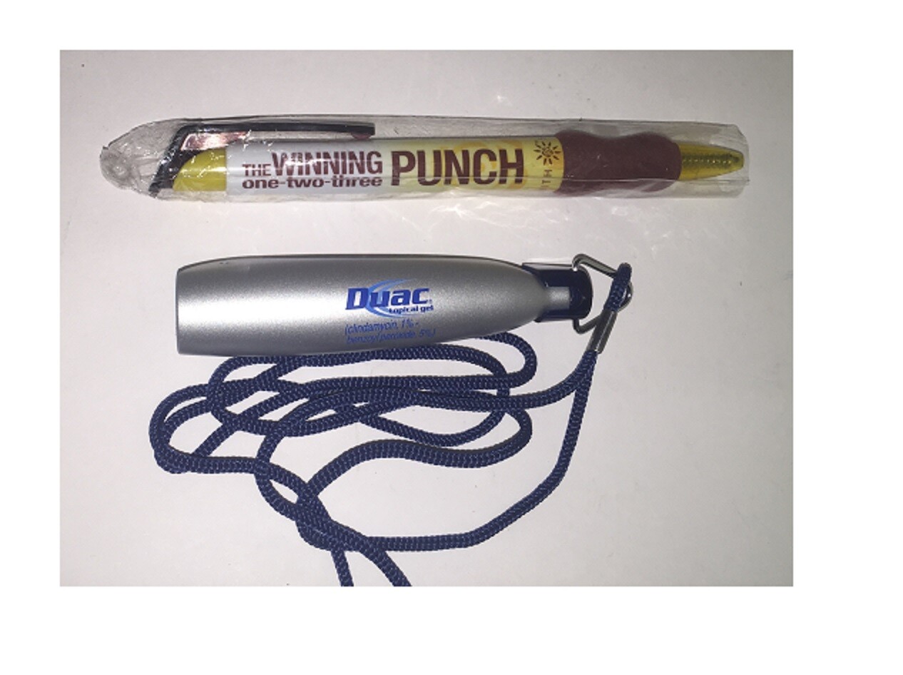 2 NEW Pharmaceutical Drug Rep Pens DUAC Flip Out Necklace ROSAC CREAM Sunscreen