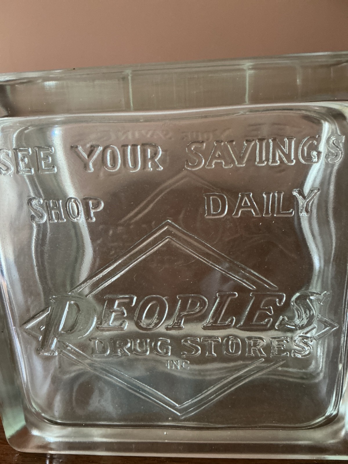 1950’s PEOPLES DRUG STORES HEAVY GLASS BLOCK ADVERTISING COIN BANK SAVINGS CLEAN
