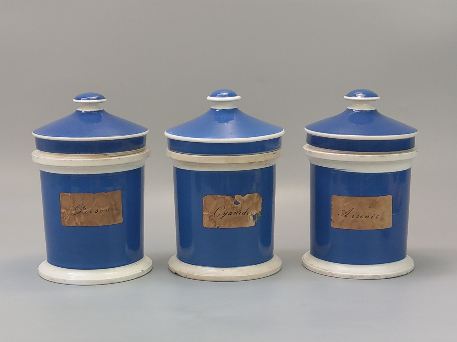 Blue and White Antique Apothecary Poison Jars