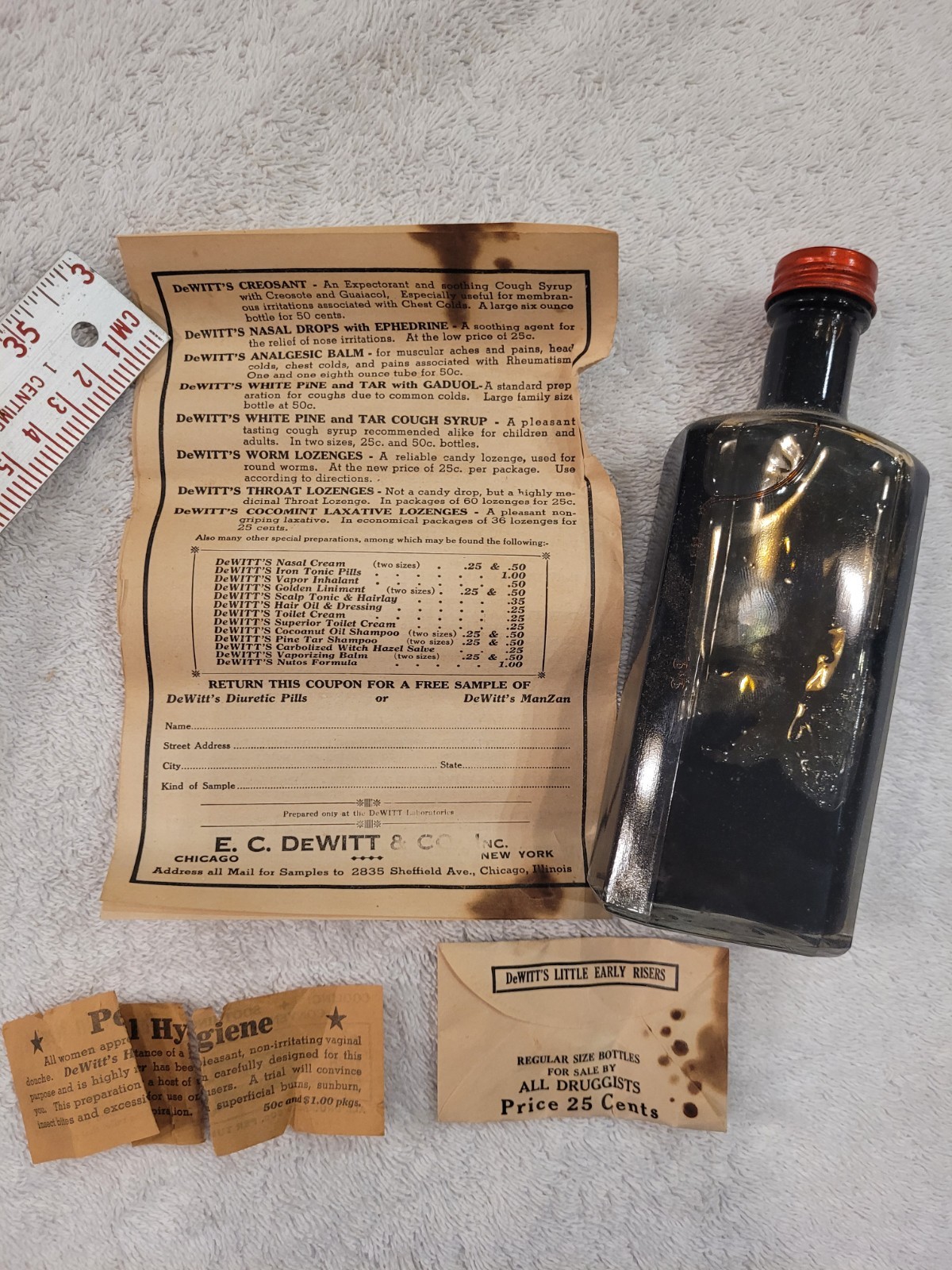 Vintage DeWitt’s Creosant Cough Syrup Bottle w/ Box Insert Paperwork Pharmacy Ad