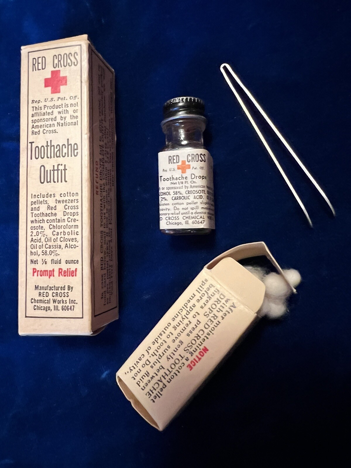 Vintage Red Cross Toothache Outfit Tweezers, Ointment, Cotton All Original