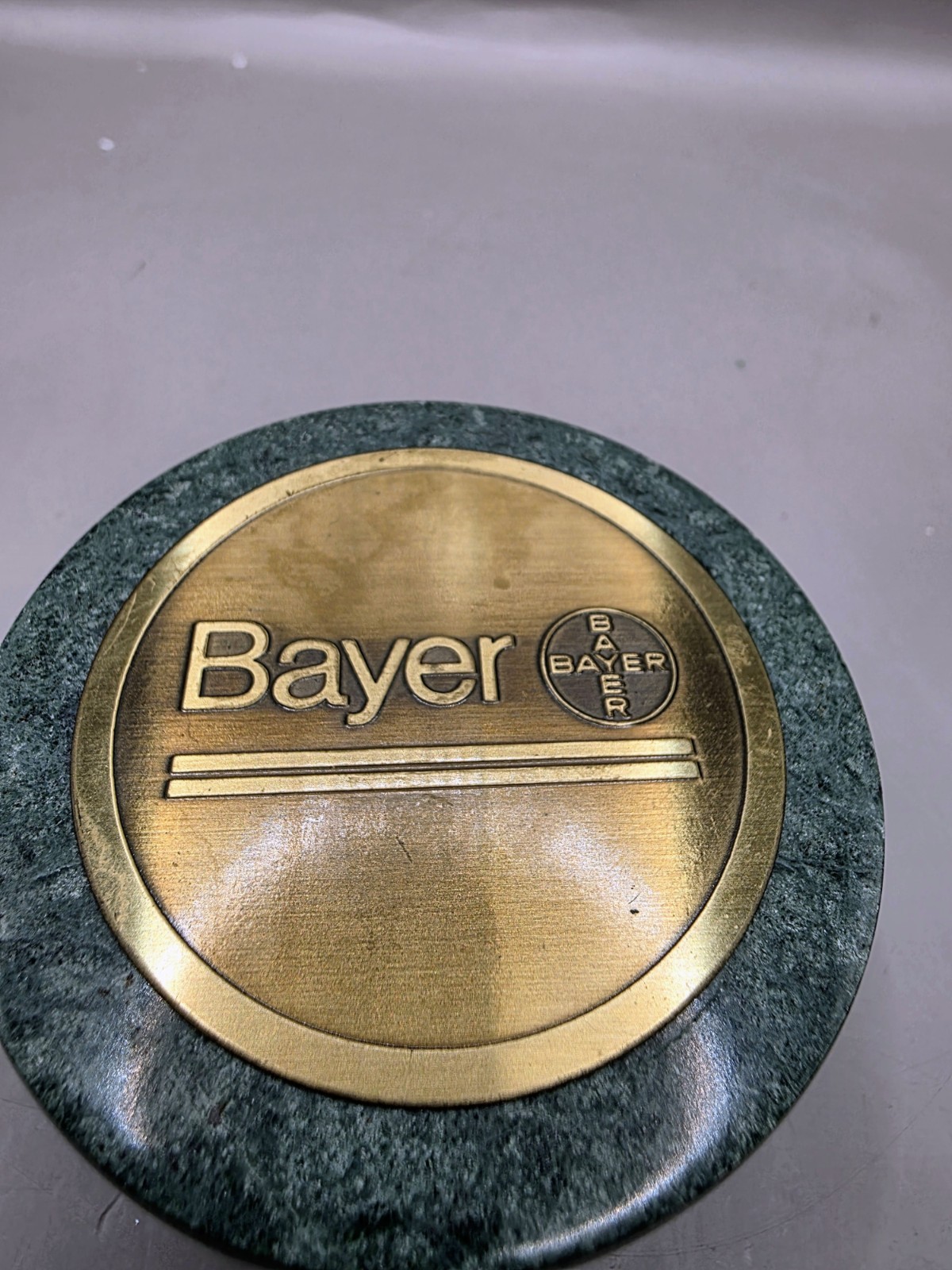 Vtg Rare Bayer Marble Trinket Box Brass Lidded Jewelry Case Pharma Promo Decor