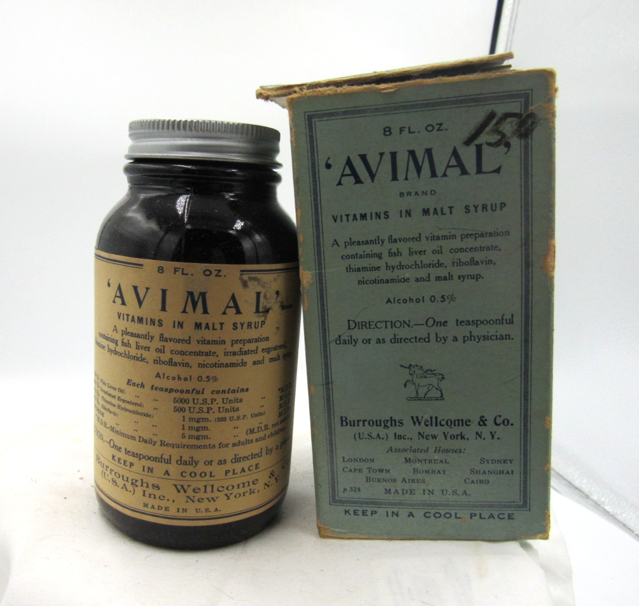 BW – 1940’s Burroughs Wellcome Avimal Tuckahoe NY 4 3/8 ” Amber Medicine bottle