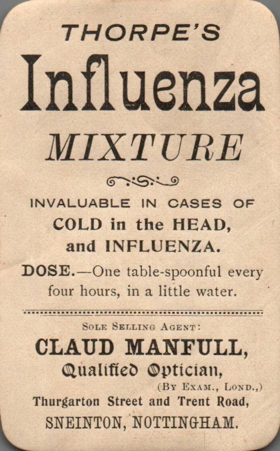VINTAGE THORPES INFLUENZA MIXTURE ADVERTISING LABEL TAG CLAUD MANFULL NOTTINGHAM