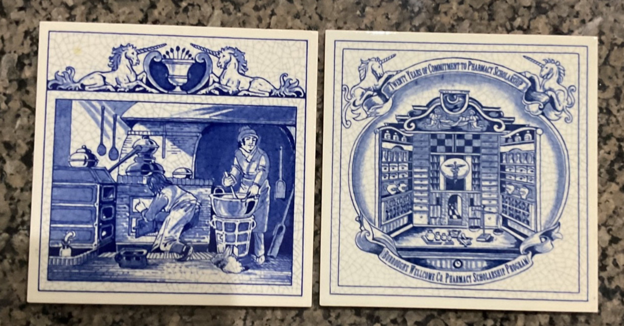 Delft Dutch Burroughs Wellcome Blue White Pharmacy Tiles set of 2