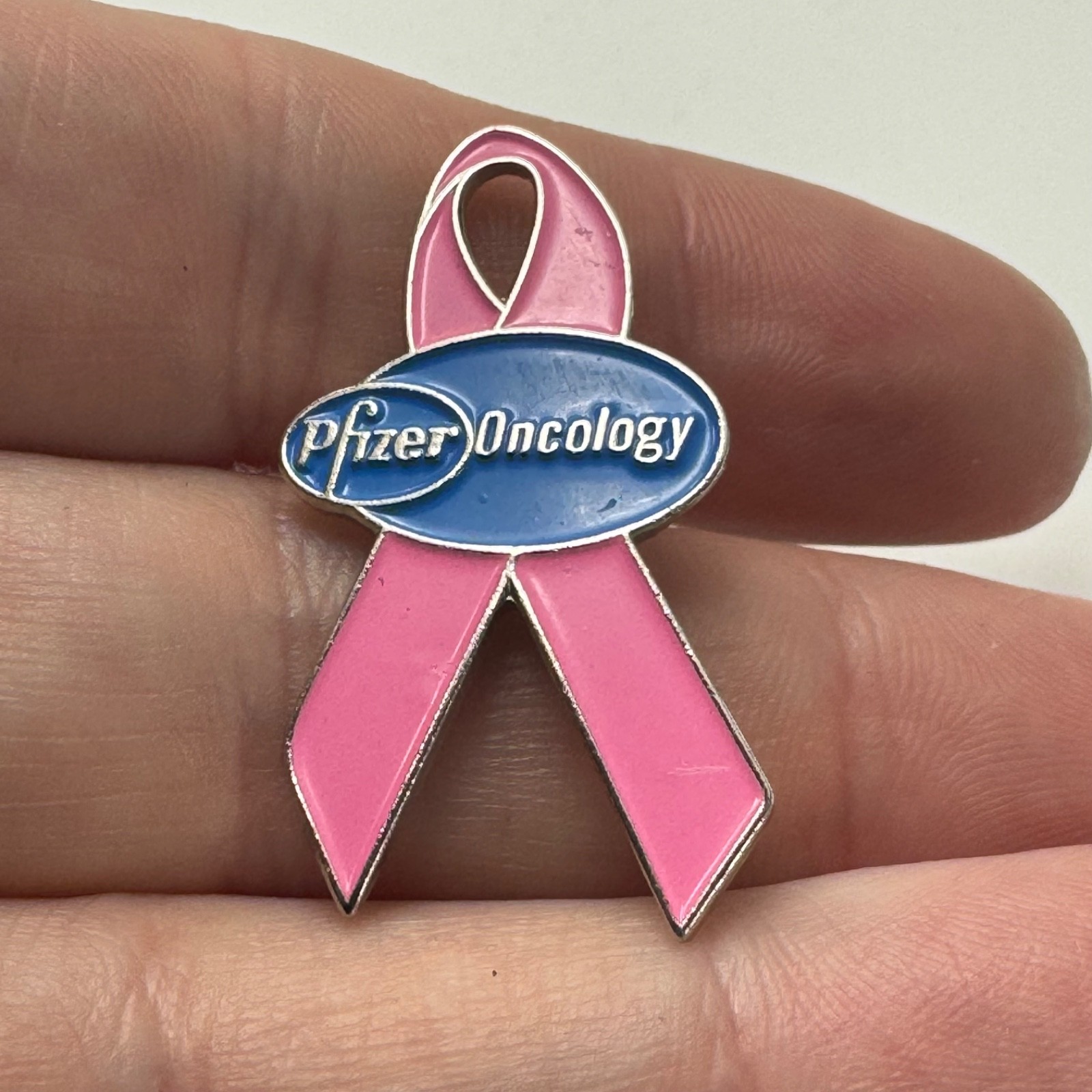 Vintage Pfizer Oncology Pink Ribbon Logo Lapel Pin Enamel Medical Awareness Aid