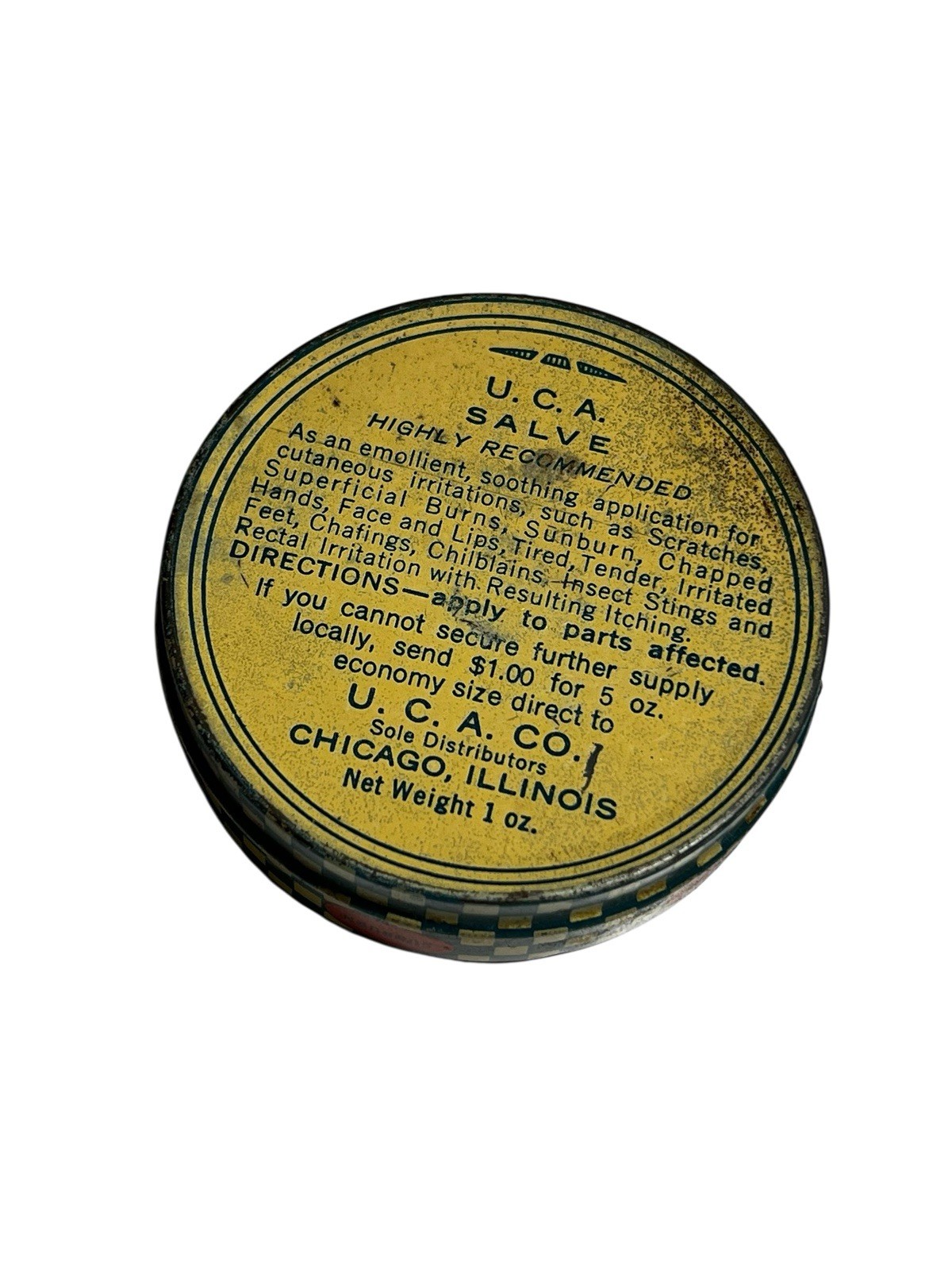 Old Vintage Advertising Medicine Tin UCA Menthol Salve Chicago Illinois Empty