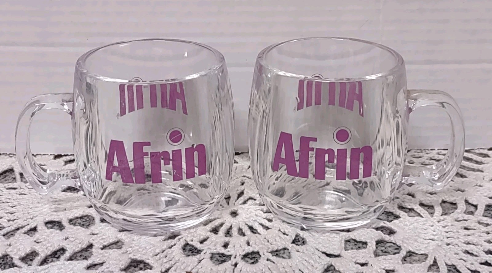 Afrin Coffee Mug Cup Pharmaceutical Drug Rep Promo Clear Acrylic set of 2