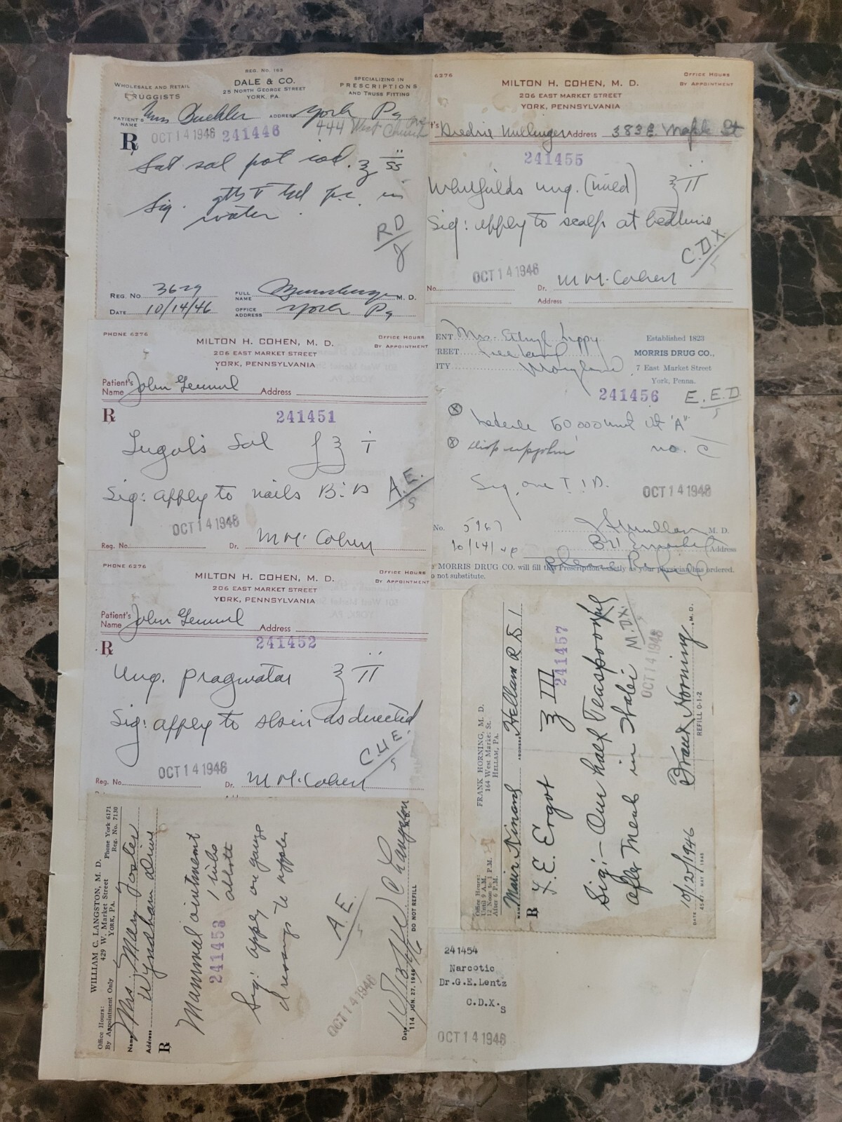 1946 2-sided Pharmacy Ledger Page – 16 vintage prescriptions – ERGOT