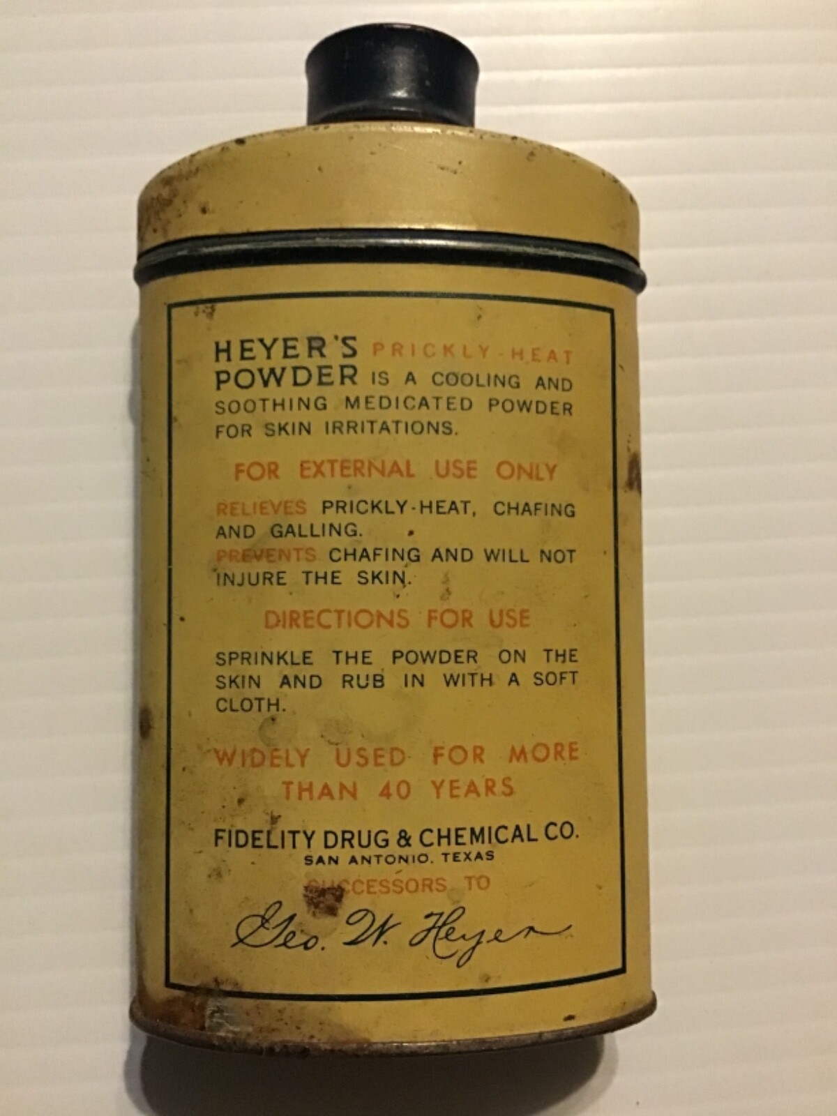 Vintage Heyer’s Prickly-Heat Powder Tin, 2 oz. empty, 4 1/2” tall $7 Shipping