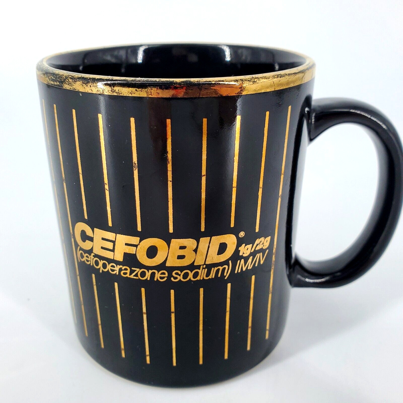 Cefobid Black Gold Stripes Coffee Mug Cup Pharmaceutical Drug Rep Pharma Promo