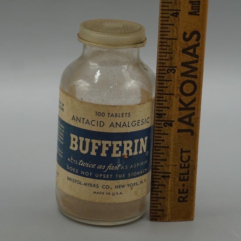 Vintage Bufferin Antacid Analgesic Glass Bottle Bristol-Myers 100 Tablets Prop