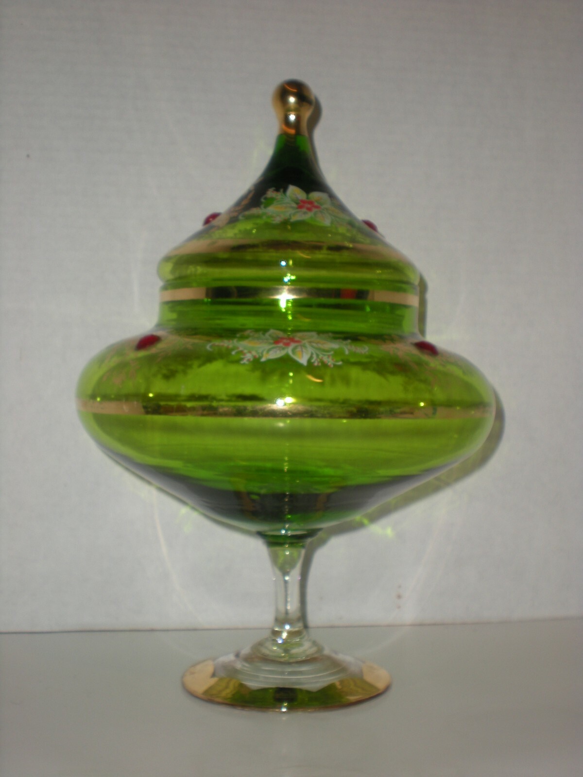 12″ Green Apothecary Jar Canister Circus Tent Lid Vtg Hand Blown Xmas Poinsettia