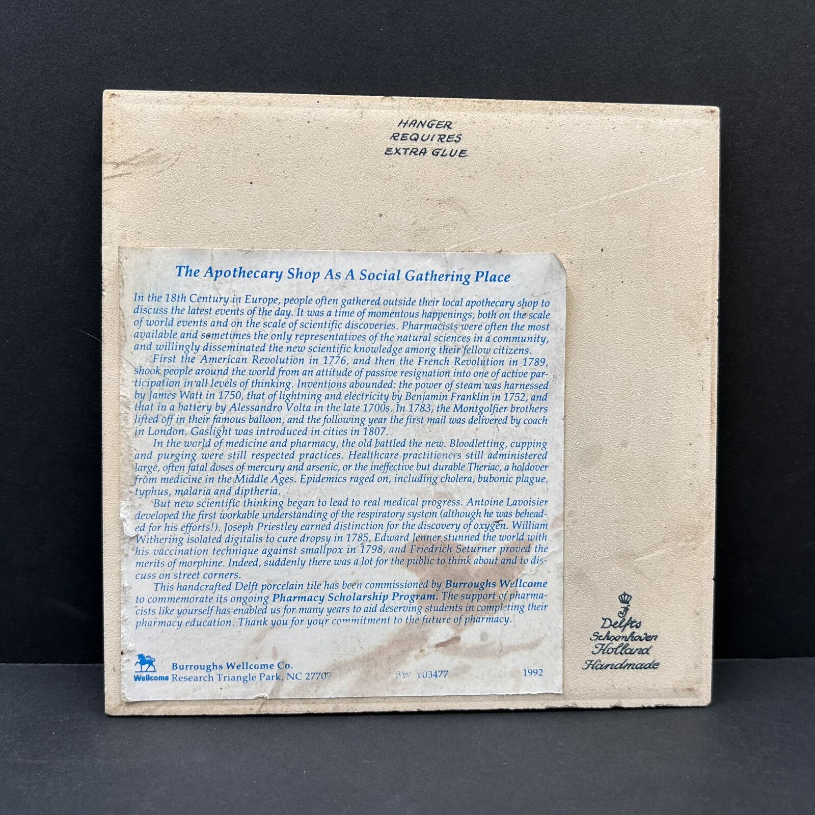 Vintage Blue Delfts Tile Burroughs Wellcome Co Pharmacy Scholarship Program