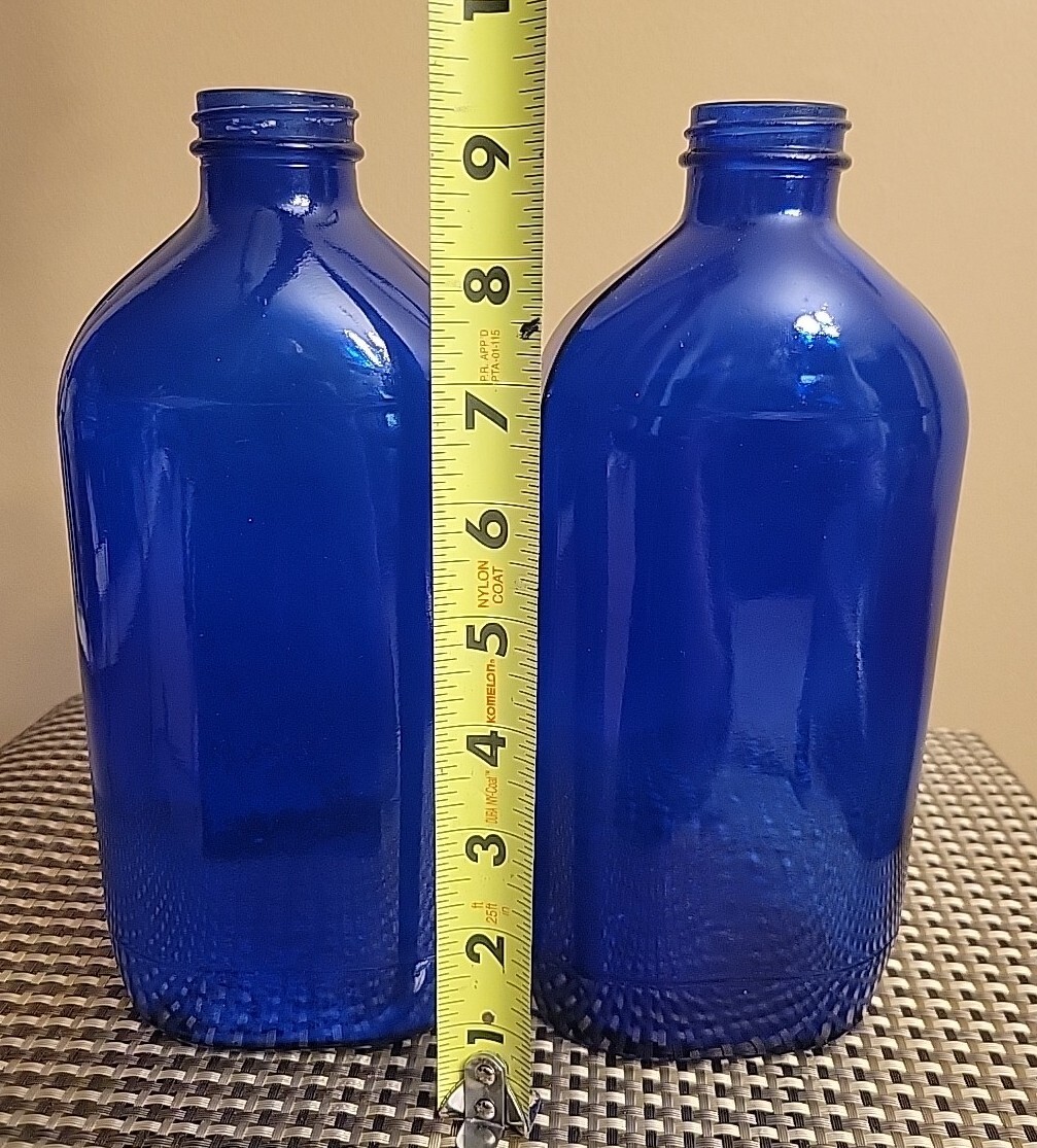 Vintage 2 Large 9.5″ Blue Cobalt Blue Medicine Bottle Embossed Made in USA, EXC