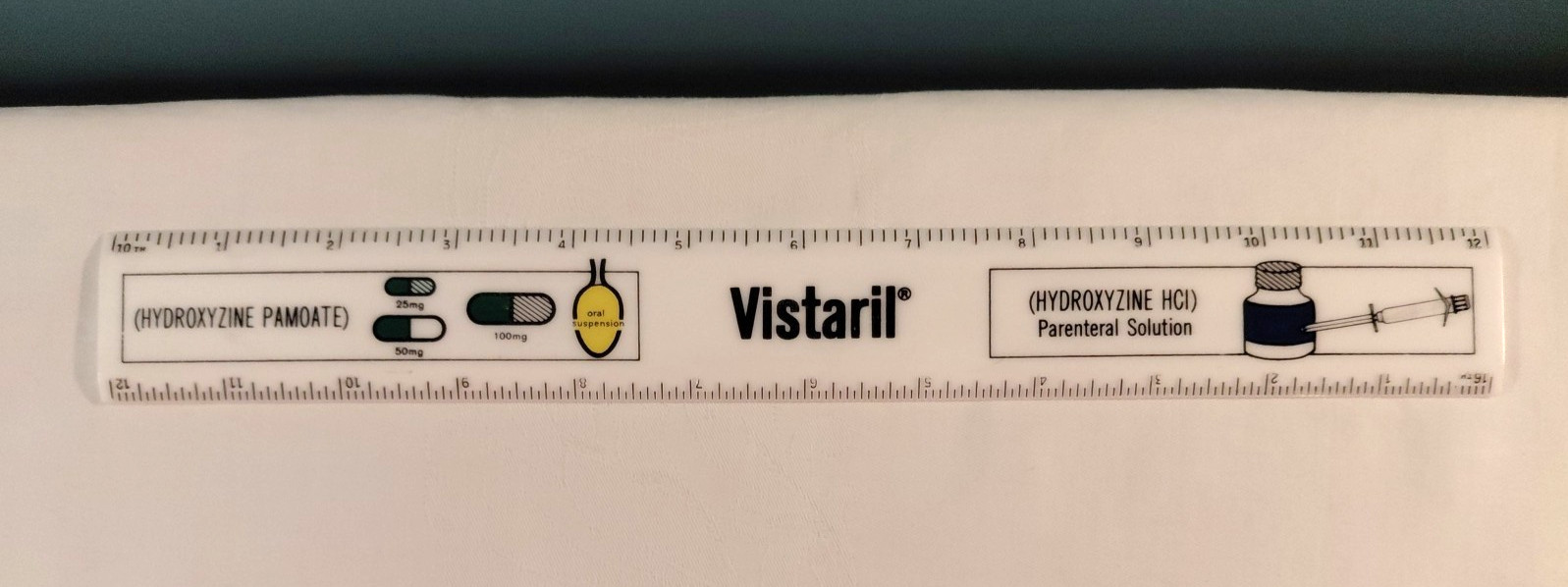 VTG White Desk Ruler Pfizer Laboratories Promotional VISTARIL (Hydroxyzine) 12″