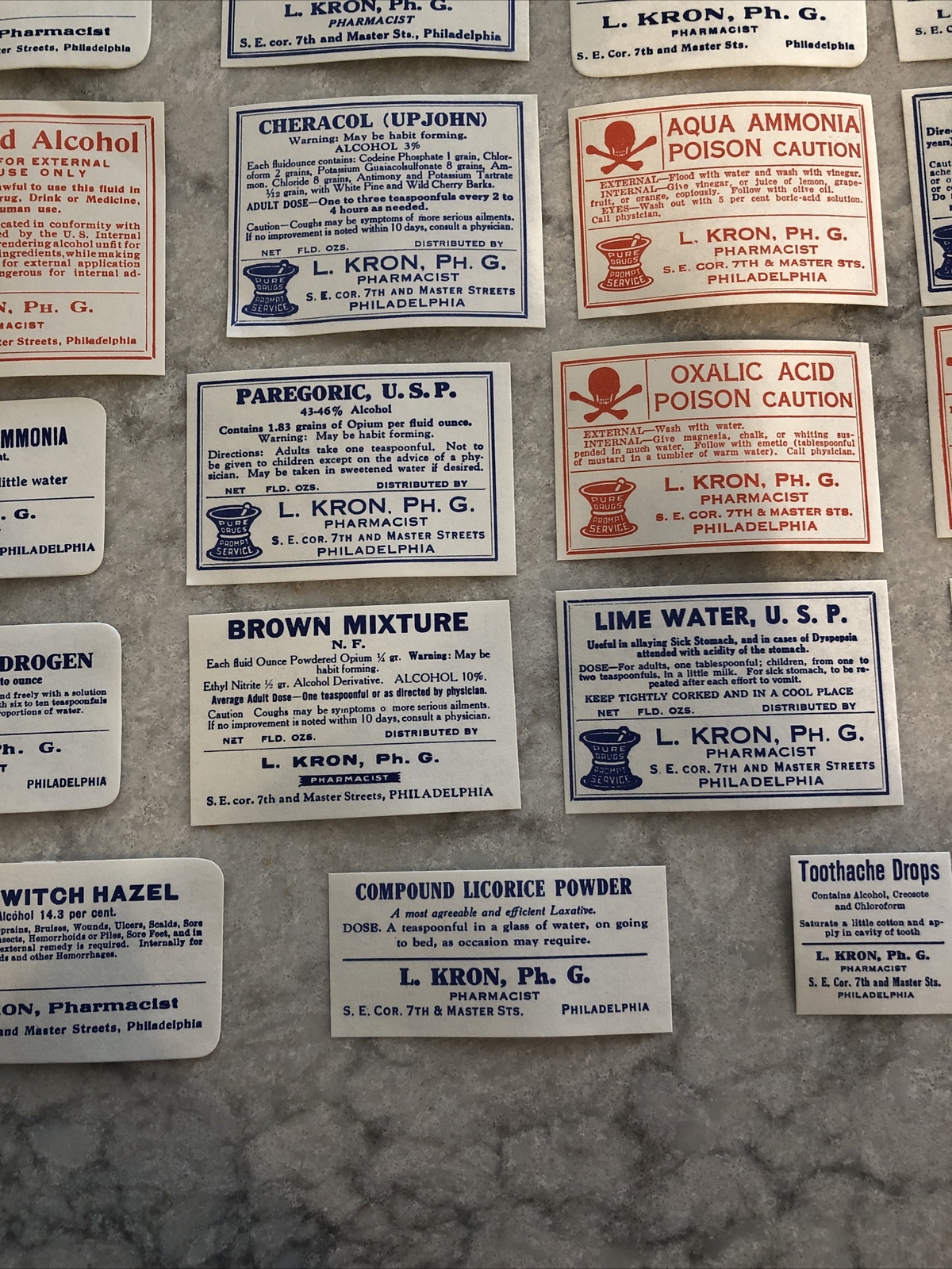 Lot 24 Antique Medicine Bottle Labels Opium, Poison – L. Kron Ph. G. Phila.