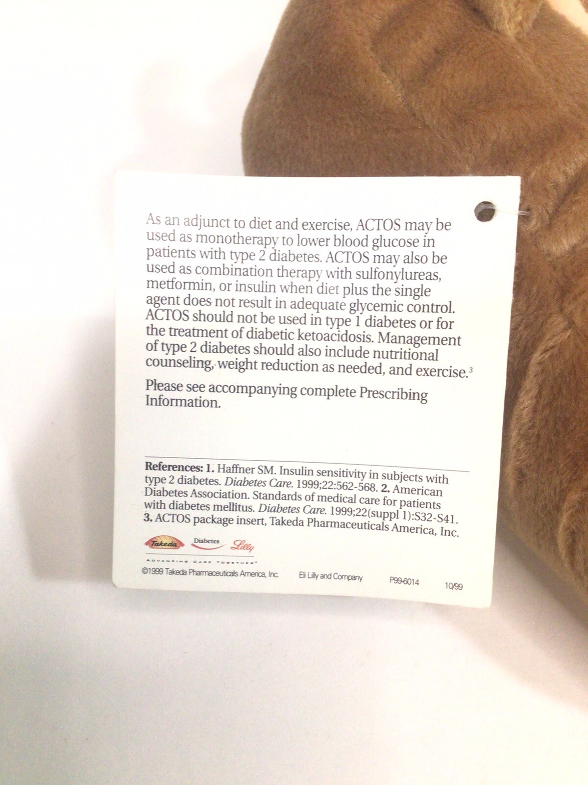 1999 Actos Pharmaceutical Drug Rep Plush Beanbag Toy Liver Diabetes W/Tags