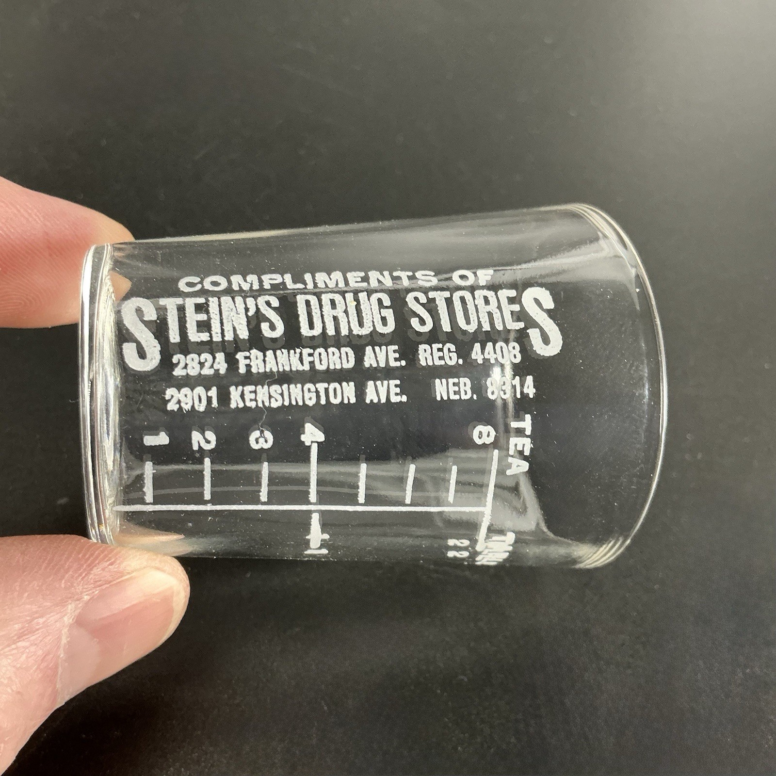 Advertising Medicine Dosing Cup Glass Stein’s Drug Stores Philadelphia PA